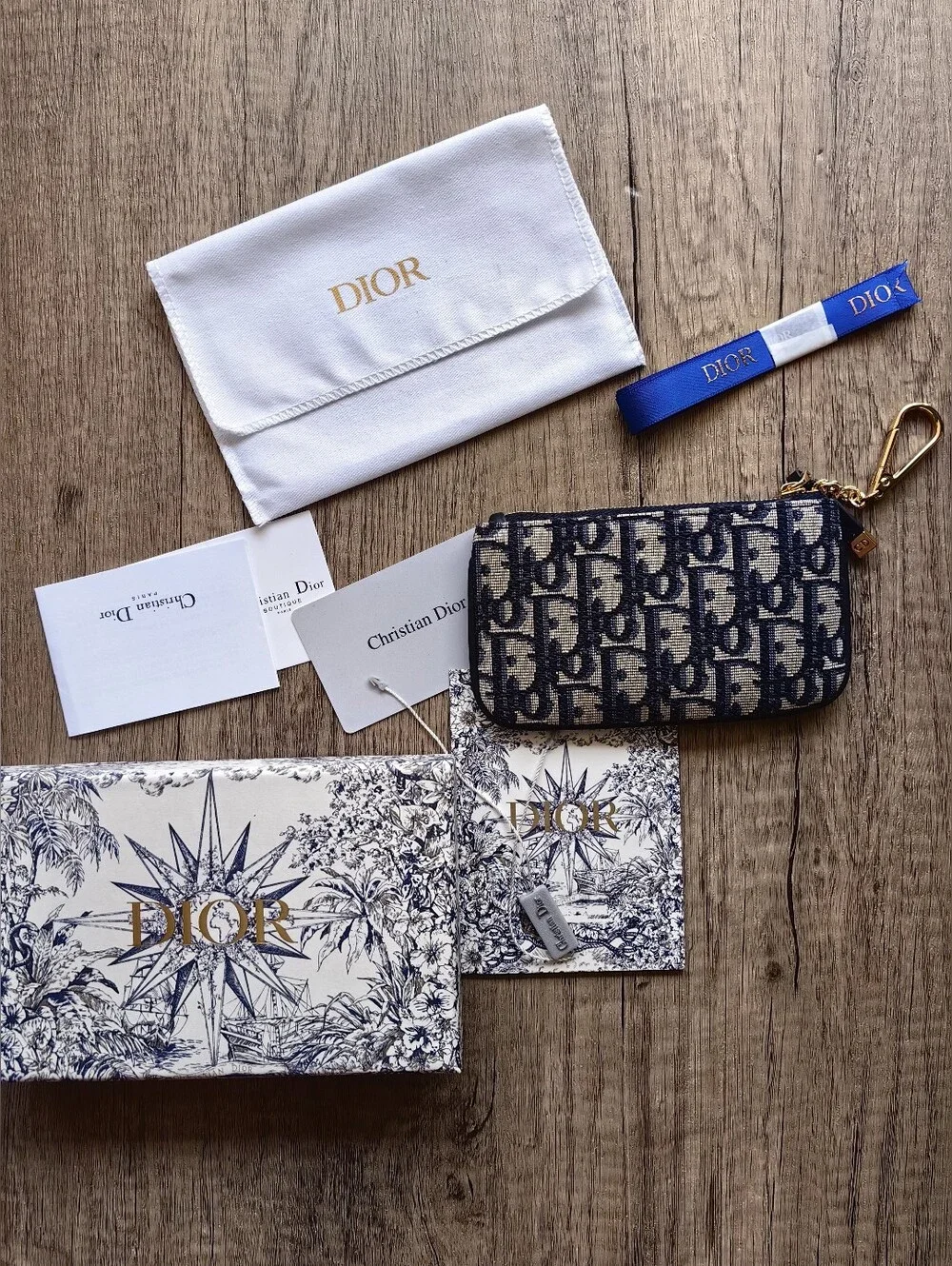 Dior Navy Blue and Cream Oblique Canvas Card Pouch with Gold Hardware